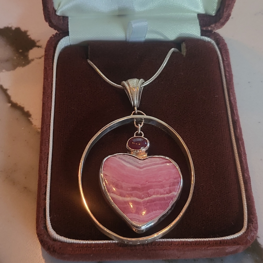 Garnet - rhodochrosite heart pendant w/ 18" silver chain